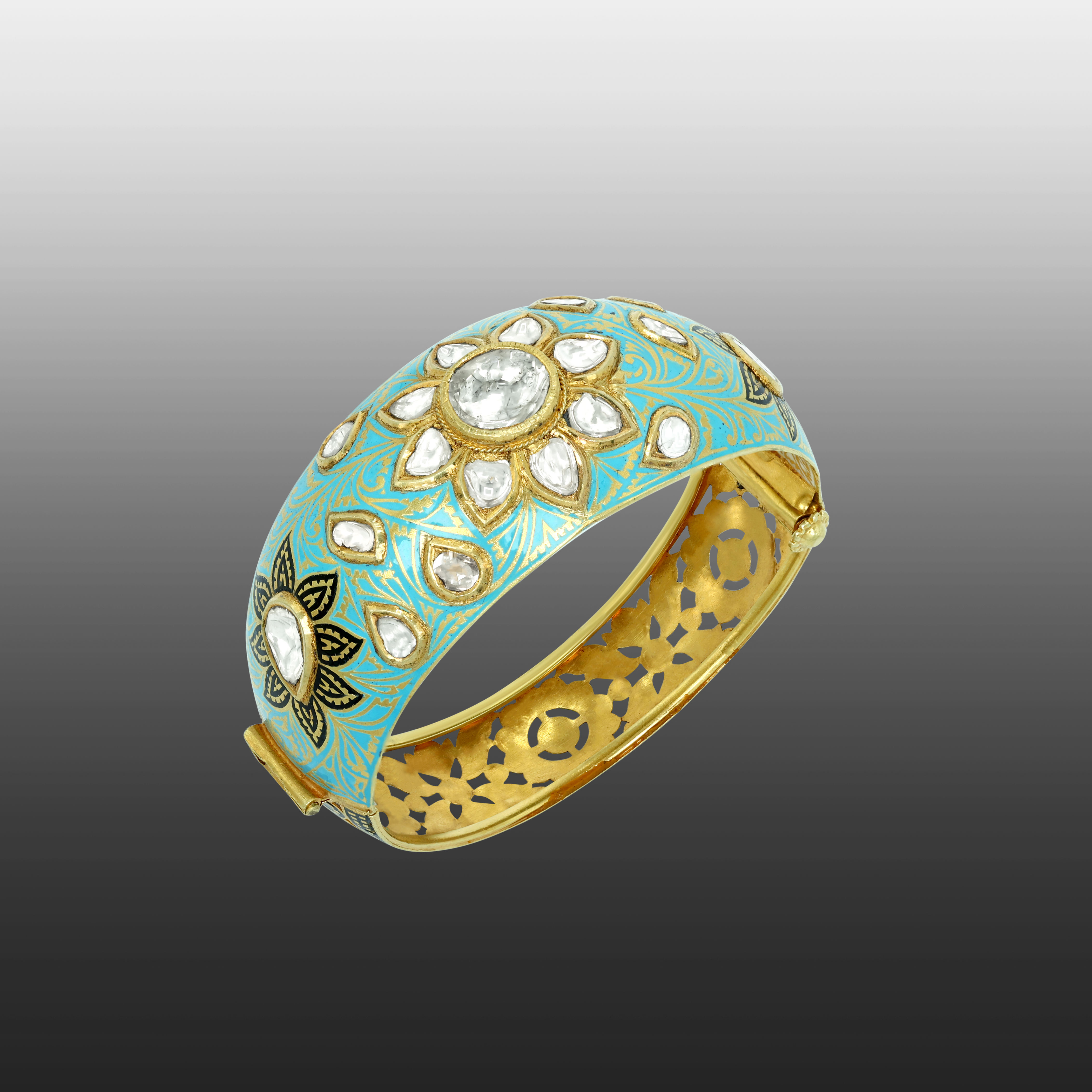Turquoise Enamel Bangle with Polki Florals and Engraved Band